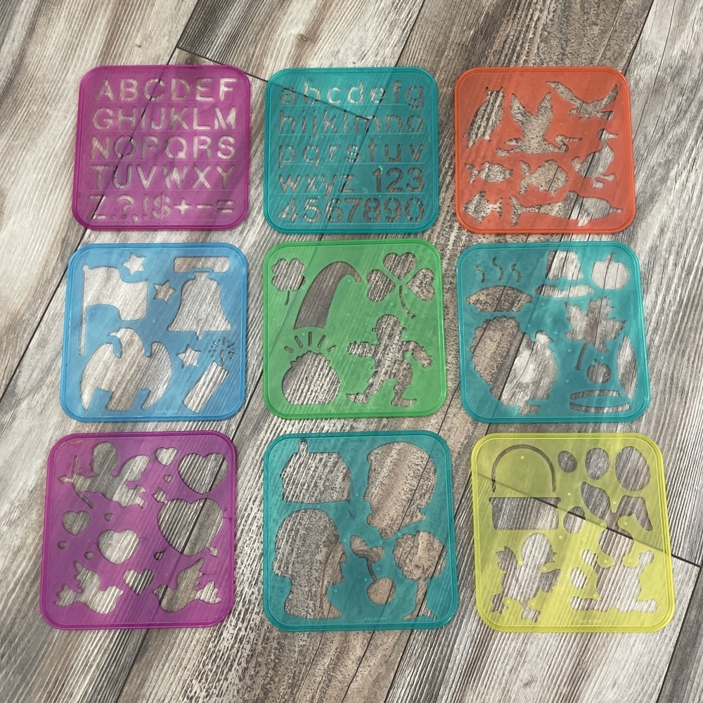 Vintage 1987 & 1990 Tupperware Tuppertoys Stencil Art Set - 9 Stencils